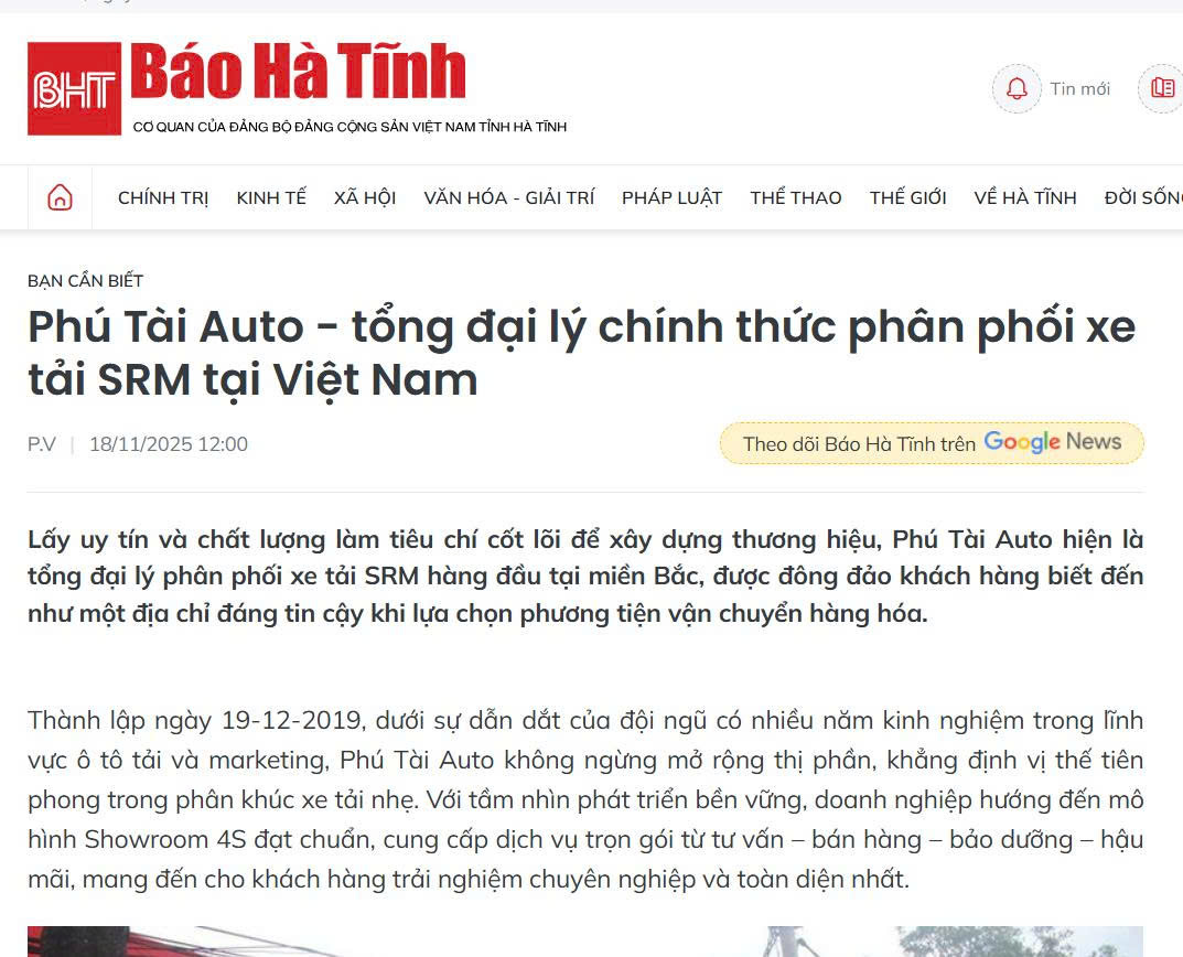 Báo Hà Tĩnh nói về Phú Tài Auto